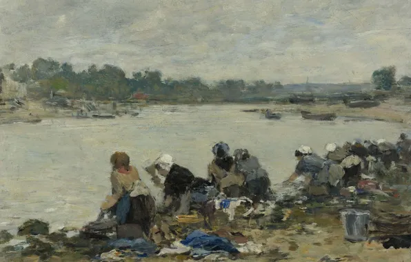 Women, landscape, river, picture, Eugene Boudin, Eugene Boudin, Laundresses on the Banks of the Touques