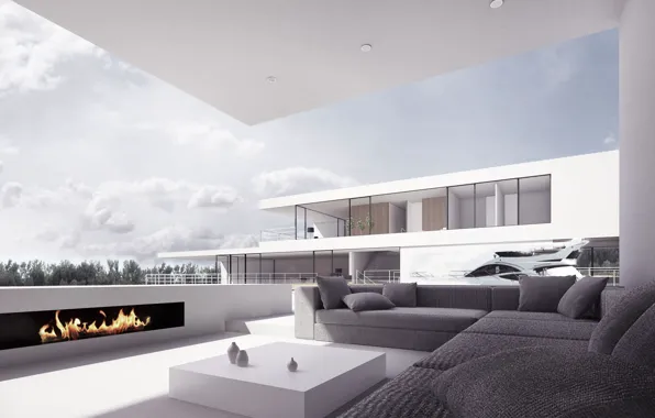 Villa, home, fireplace, terrace