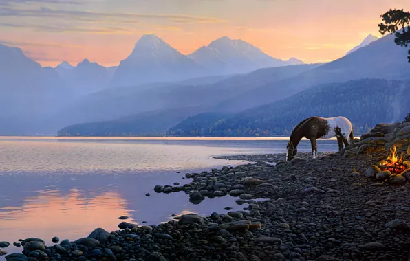 Forest, sunset, mountains, nature, fog, pebbles, lake, fire