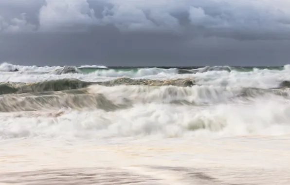 Waves, storm, beach, sea, ocean, seascape, clouds, seaside