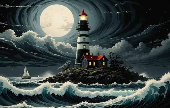 Sea, the moon, lighthouse, sailboat