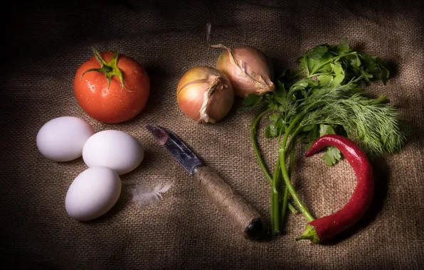 Greens, eggs, bow, dill, knife, pepper, still life, tomato