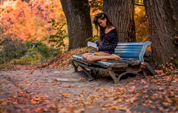 Autumn, girl, Park, book, bench