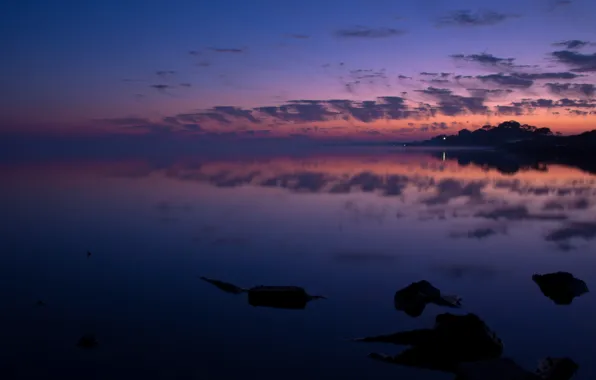 The sky, clouds, reflection, dawn, shore, morning, Bay, USA