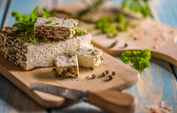 Greens, cheese, knife, bokeh, spices, cutting Board, cheese