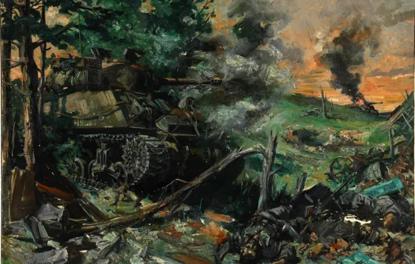 Picture oil, picture, canvas, the artist Terence Cuneo, "Tank battle"