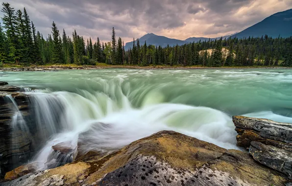 Forest, mountains, rocks, waterfall, stream