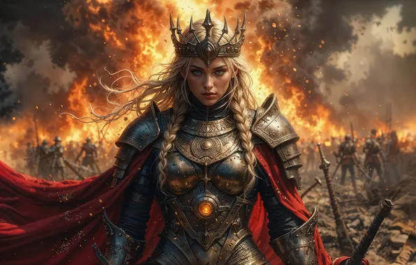 People, fire, armor, crown, Queen, the battlefield, digital art, digital art