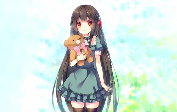 Girl, thighhighs, long hair, dress, anime, beautiful, red eyes, pretty