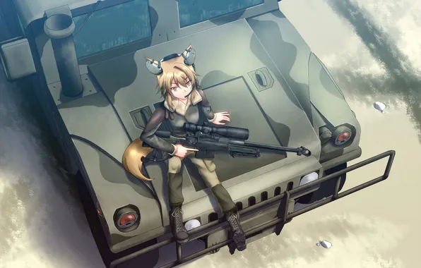 Picture look, girl, weapons, tail, car, ears, art, dreadtie