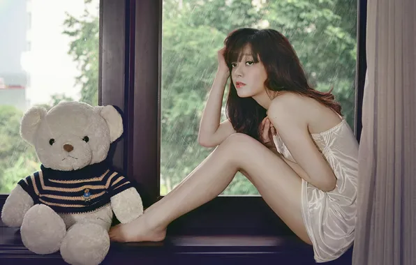 Look, girl, window, bear, Asian