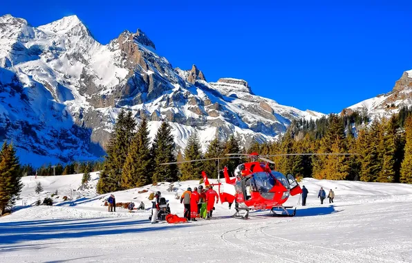 The sky, mountains, people, Switzerland, Alps, helicopter, rescuers