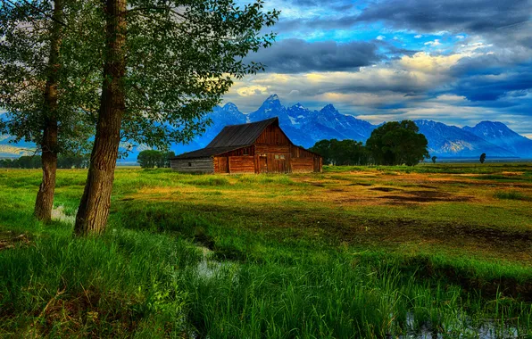 Picture trees, mountains, stream, hut, Wyoming, Grand Teton National Park, Thomas Moulton Barn