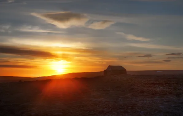 Sunset, house, desert