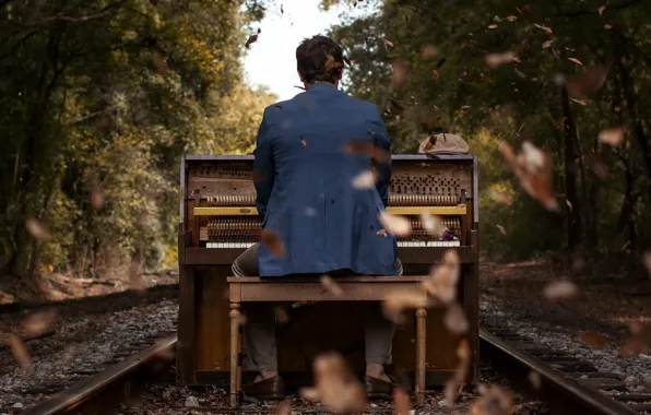 Picture leaves, music, people, railroad, piano