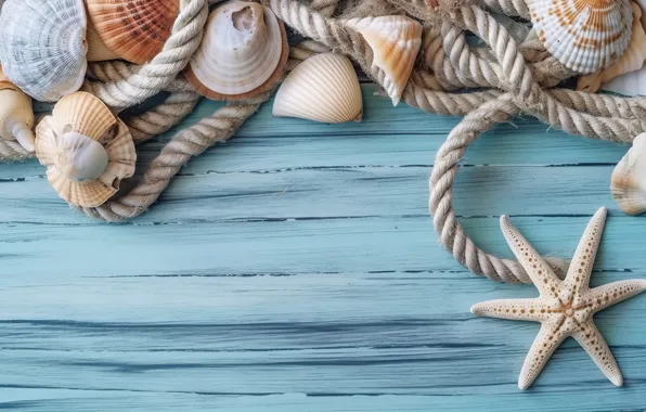 Board, rope, shell, rope, shell, starfish, blue background, composition