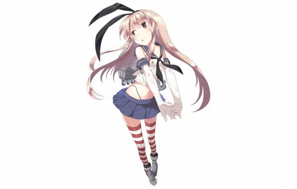 Picture mini skirt, white background, long hair, striped stockings, sailor, gloves elbow, Kantai Collection, Naval Collection