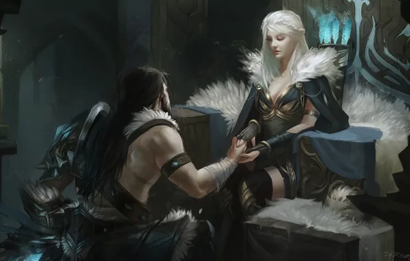 Warrior, fantasy, art, Queen, Offer - Ashe and Tryndamere, Marie Magny