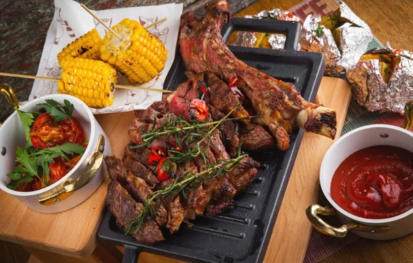Corn, meat, sauce, spices