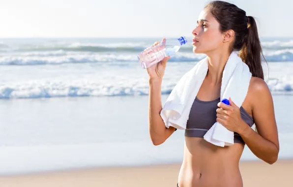 Sea, water, girl, shore, sport, towel, running, pose