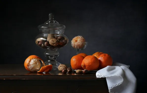 Glass, table, fruit, nuts, still life, different, napkin, hazelnuts