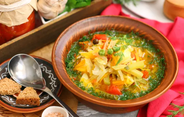 Bread, bowl, vegetables