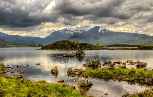 Picture clouds, mountains, nature, lake, stones, Scotland