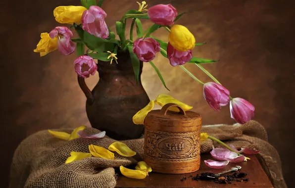 Flowers, tea, petals, spoon, tulips, fabric, pitcher, still life