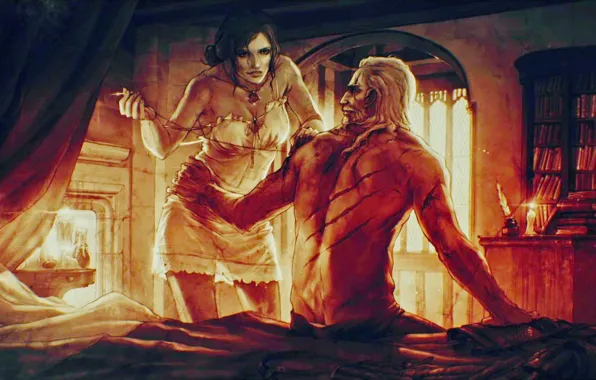 Picture art, love, the Witcher, art, the enchantress, Geralt, witcher, scars