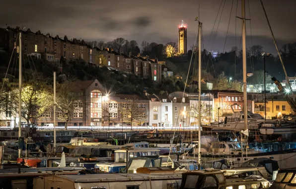 Trees, night, lights, river, home, yacht, UK, promenade