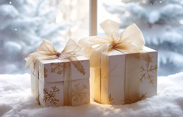 Picture gift box, New Year, gifts, snow, winter, fir tree, window, Christmas