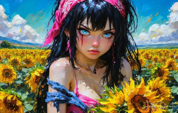 Field, clouds, sunflowers, brunette, blue eyes, digital art, digital art, AI art