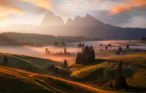 Mountains, fog, field, Alps, haze, houses