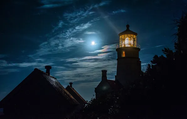 The sky, clouds, night, the moon, lighthouse, home