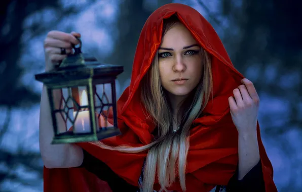 Picture portrait, hood, lantern, in red