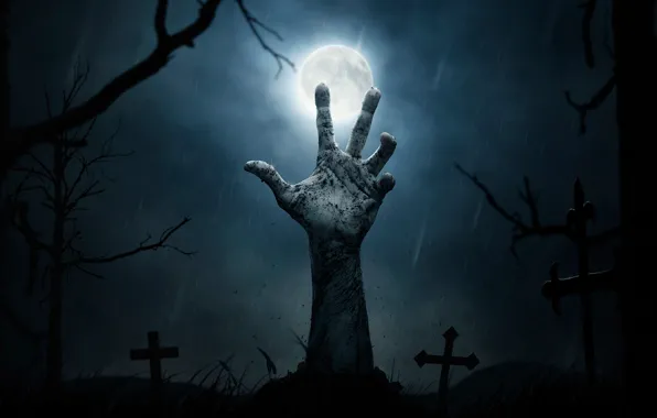 Picture night, the moon, crosses, graves, hand, cemetery, Halloween, horror