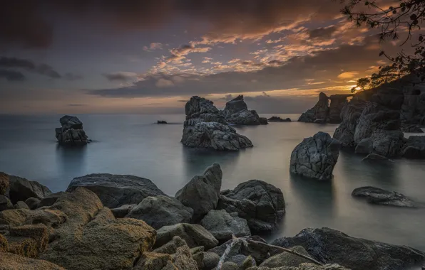 Sea, landscape, nature, stones, rocks, shore, morning, Spain
