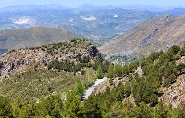 Picture road, the sun, trees, mountains, stones, rocks, valley, panorama