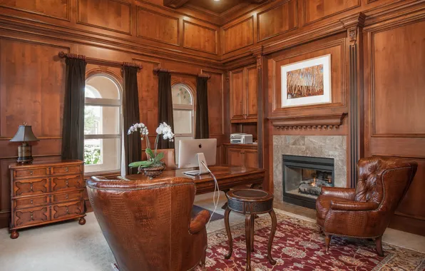 Computer, trees, table, chair, fireplace, office, chest, Orchid