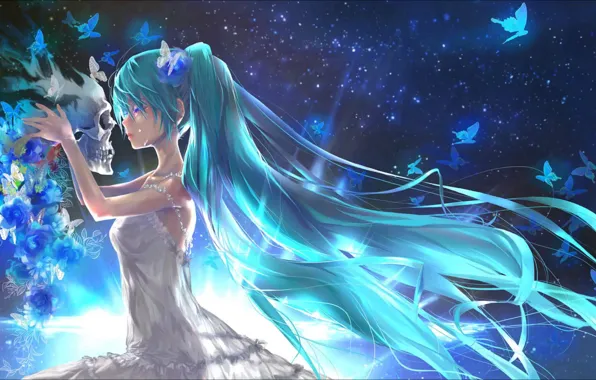 Skull, Hatsune Miku, starry night, in the dark, kneeling, hatsune Miku, weeping girl, the spellcaster …