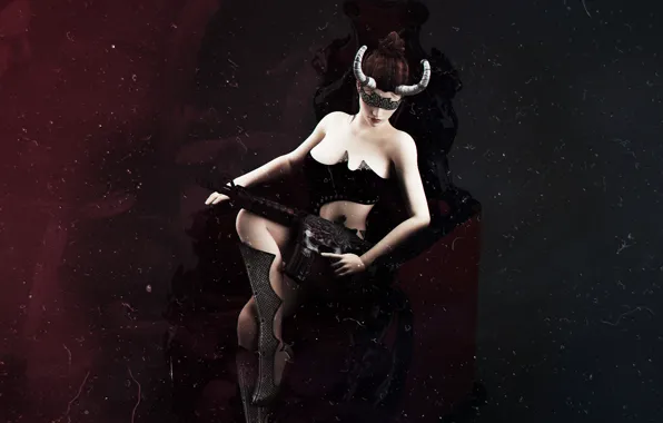 Girl, weapons, dust, mask, horns, scratches, headband, rifle