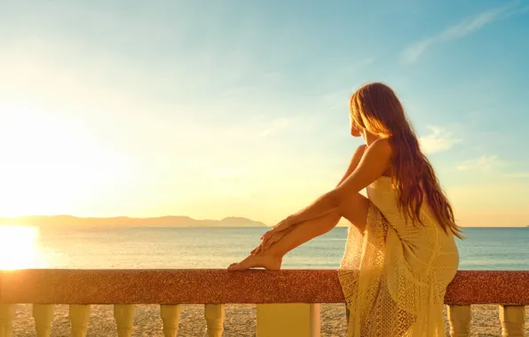 Sea, sunset, feet, model, dress