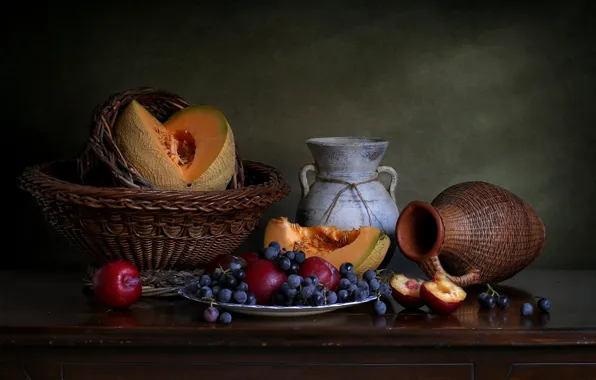 Table, plate, grapes, dishes, pitcher, fruit, still life, basket