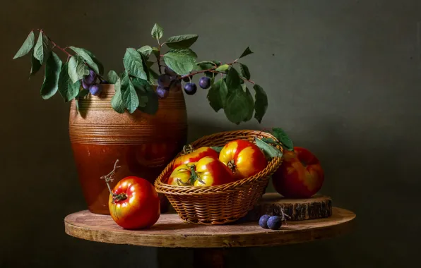 Branches, table, bouquet, pot, still life, basket, plum, tomatoes