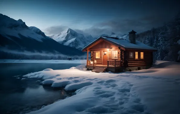 Winter, forest, light, snow, mountains, night, house, shore