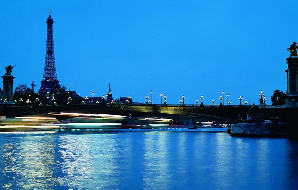 Water, bridge, lights, Eiffel tower, Paris, the evening, lights, France