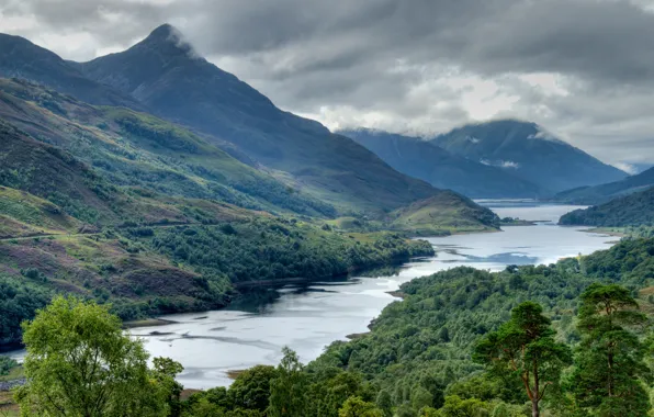 The sky, water, clouds, mountains, clouds, river, tree, Scotland
