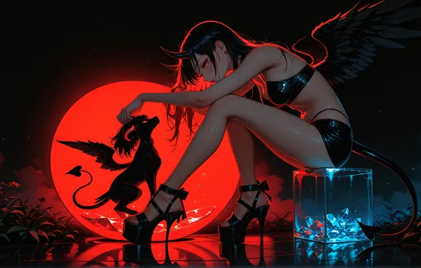 Dark, demon, fantasy, horns, wings, tail, flowers, red eyes