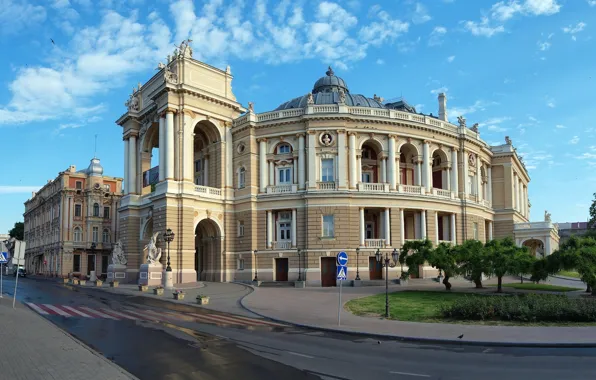 The sky, clouds, trees, street, building, lights, Ukraine, Odessa