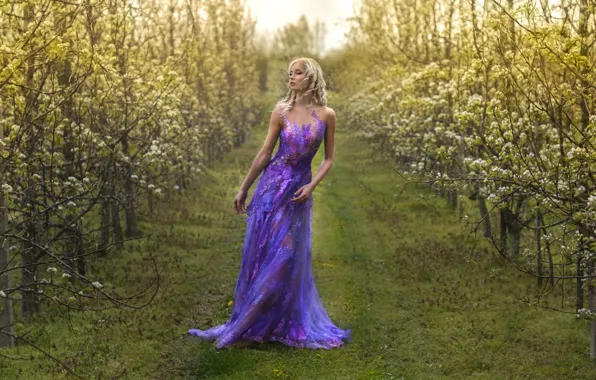 Picture girl, spring, garden, figure, dress, flowering, Amanda S